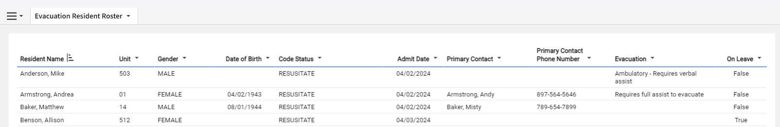 Evacuation Resident Roster
